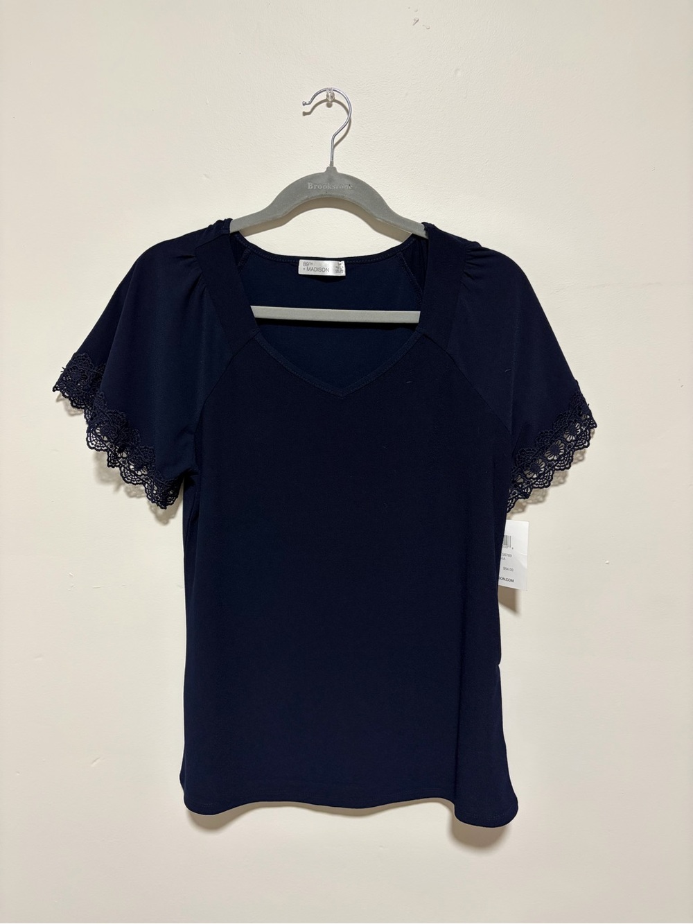 89th + Madison V-Neck Top with Crochet Lace Sleeves - Navy - Size S